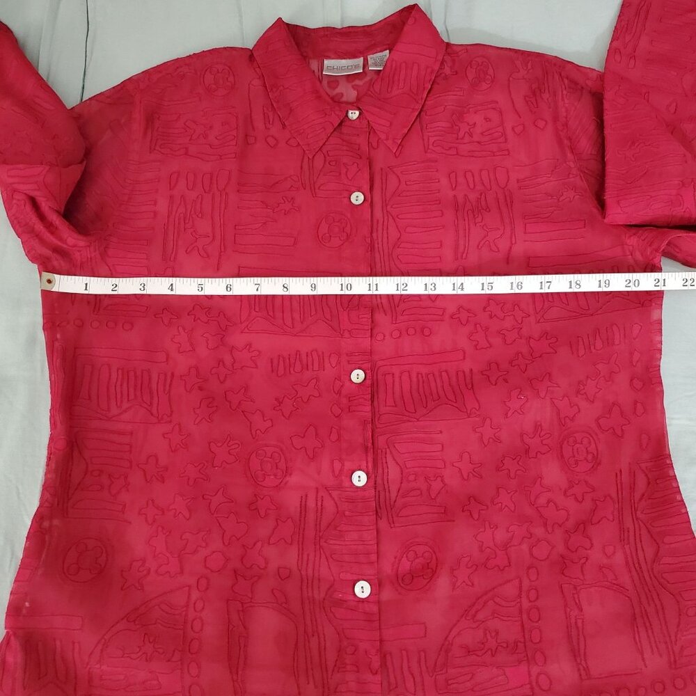 Chico's Women's Pink Linen-Blend Burnout Long Sleeve Button Front Blouse Size 2 - Picture 8 of 10